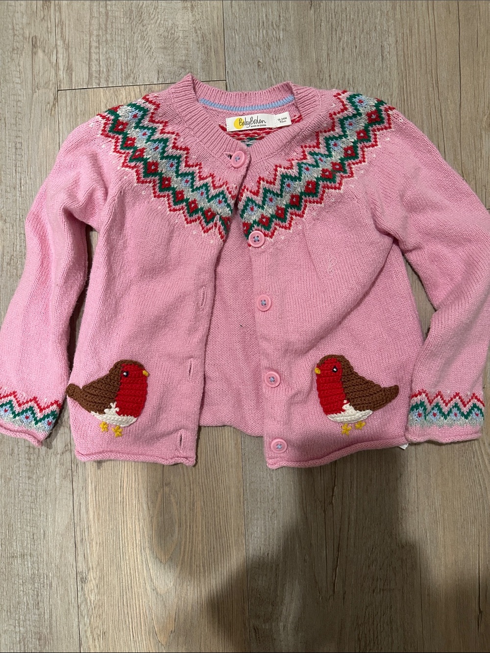 Baby Boden Pink Knit Cardigan with Colorful Fair Isle Yoke and Robin Pockets